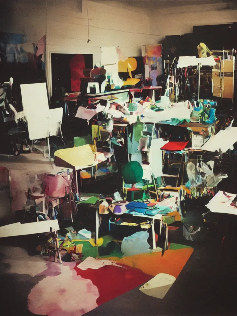Prompt: dramatic scene shallow depth of field medium shot uncanny surreal photograph of a colorful intimate art studio in 1 9 9 5 titled'reveal their drive we could change it ', photographed by william eggleston and ken price and man ray, grainy shocking detail trending on artstation 8 k