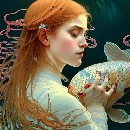 Image similar to Portrait of a girl surrounded by Koi fish, face, fantasy, intricate, elegant, highly detailed, digital painting, artstation, concept art, smooth, sharp focus, illustration, art by Pauline Voß and Artem Demura and alphonse mucha