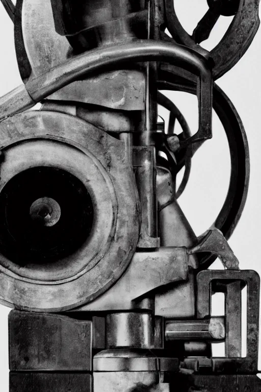 Prompt: a close-up portrait of Marcel Duchamp's industrial machine in the style of Hito Steyerl and Shinya Tsukamoto and Irving Penn and Robert Frank, minimal contraption
