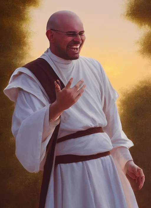 Prompt: oil painting portrait of a happy joyful rejoicing smiling tonsured dominican monk in a white habit, standing in a flourishing garden at sunset with a monastery in the background, hazy, digital art, chiaroscuro, artstation, cinematic, golden hour, digital art painting by greg rutkowski, hazy atmosphere, flowers, cinematic lighting