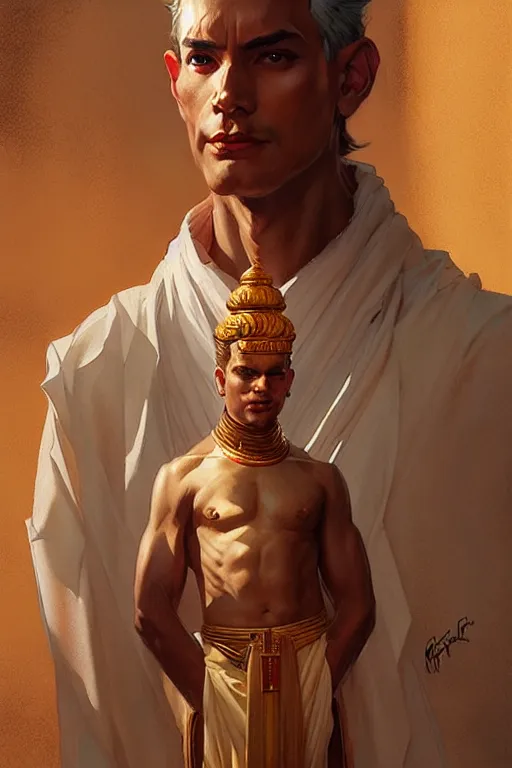 Image similar to male, temple, taoism, painting by greg rutkowski, j. c. leyendecker, artgerm