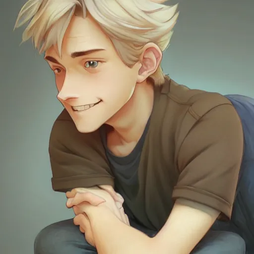 Image similar to young man with short, ash blond greyish hair, light brown eyes, casual clothes, hanging out on a bed, path traced, highly detailed, high quality, digital painting, by don bluth and ross tran and studio ghibli and alphonse mucha, sylvain sarrailh