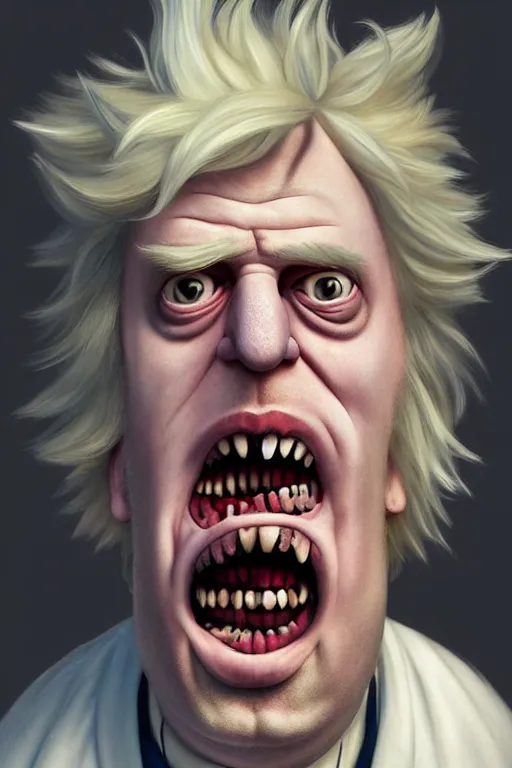 Image similar to Boris Johnson as a kind smiling Rick Sanchez from Rick and Morty, unibrow, white robe, big eyes, realistic portrait, symmetrical, highly detailed, digital painting, artstation, concept art, smooth, sharp focus, illustration, cinematic lighting, art by artgerm and greg rutkowski and alphonse mucha