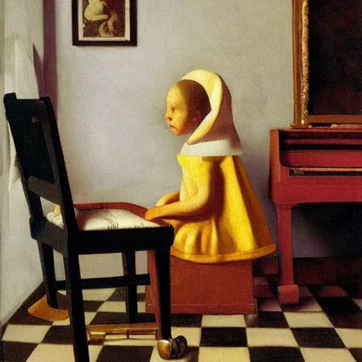 Image similar to octopus playing piano, sitting on the piano stool, oil painting, vermeer