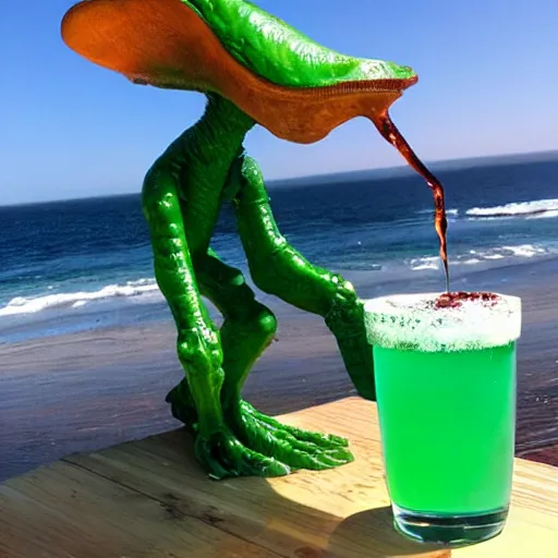 Image similar to alien drinking a mohito at the beach