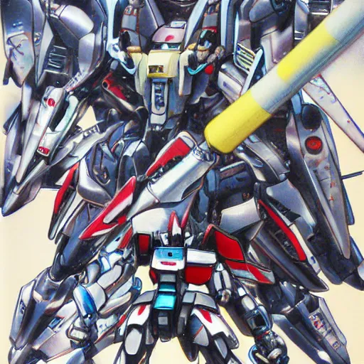 Image similar to gundams in a compromising position by yoshitaka amano