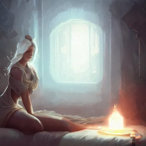 Image similar to A young female wizard, accidentally casting her first spell while practicing in bed, fantasy art by Greg Rutkowski