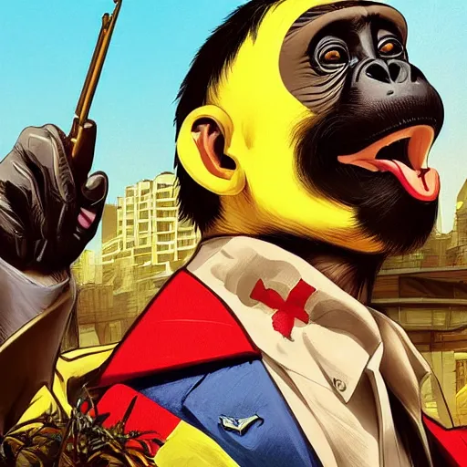 Image similar to [Monkey as president of Banana as GTA character, propaganda!, closeup, D&D, intricate, elegant, highly detailed, digital painting, artstation, concept art, matte, sharp focus, illustration, art by Artgerm and Greg Rutkowski and Alphonse Mucha and Enki Bilal]