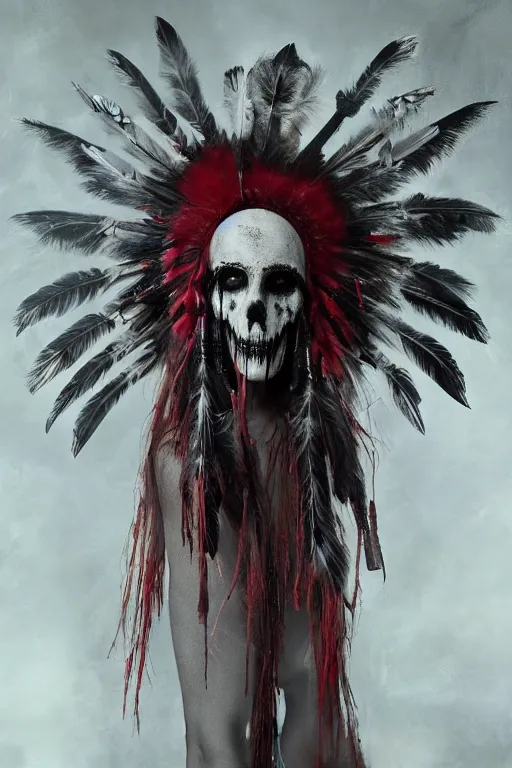 Image similar to the ghost - spirit of the grim - warpaint wears the scarlet skull armor and native blood headdress feathers, midnight fog - mist!, dark oil painting colors, realism, cinematic lighting, various refining methods, micro macro autofocus, ultra definition, award winning photo