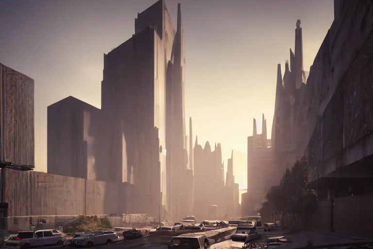 Image similar to streetscape, a towering cathedral of brutalist architecture, buildings covered with greebles, stunning volumetric light, sunset, metal, concrete and translucent material, stunning skies, majestic landscape, trending on Artstation, 8k, photorealistic, hyper detailed, unreal engine 5, IMAX quality, cinematic, epic lighting, in the style of Greg Rutkowski