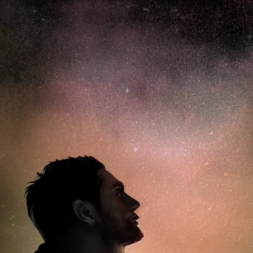 Image similar to silhouette of man, filled with deep space field of twinkling stars, award-winning portrait, fantasy horror, 8k, 4k, , matte finish, pixiv, unnerving, volumetric lighting, highly detailed
