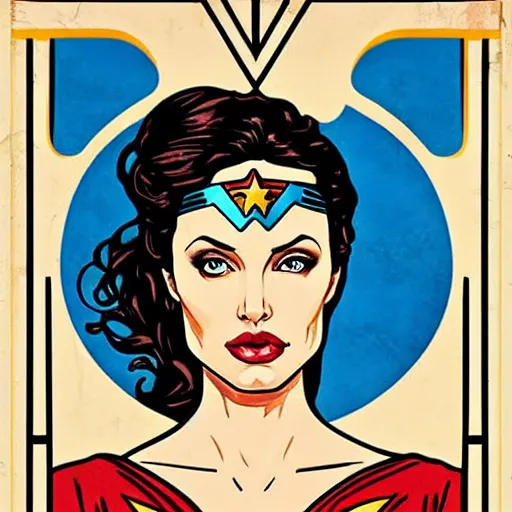 Prompt: angelina jolie as wonder woman, mucha style, symetrical art deco poster illustration highly detailed,