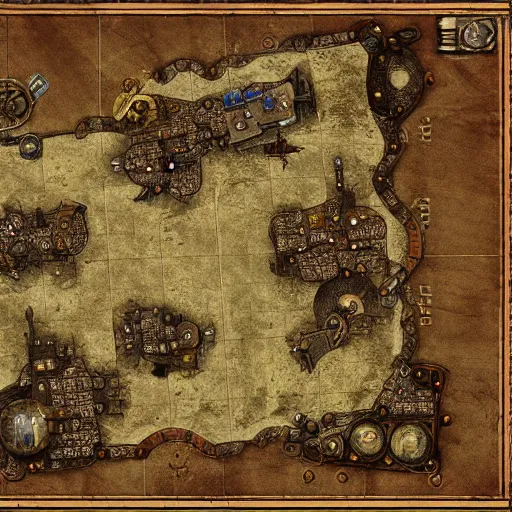 Image similar to roleplaying game table top map a steampunk town, perfect textures, 8k, high details, neat