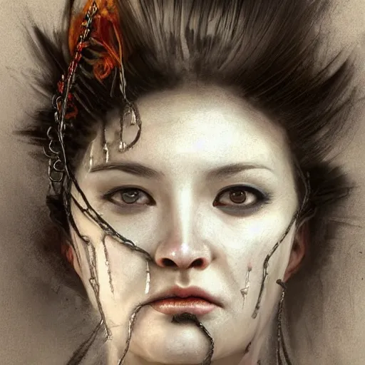 Image similar to portrait of a Shibari rope wrapped face and neck, headshot, insanely nice professional hair style, dramatic hair color, digital painting, of a old 17th century, old cyborg merchant, amber jewels, baroque, ornate clothing, scifi, realistic, hyperdetailed, chiaroscuro, concept art, art by Franz Hals and Jon Foster and Ayami Kojima and Amano and Karol Bak,