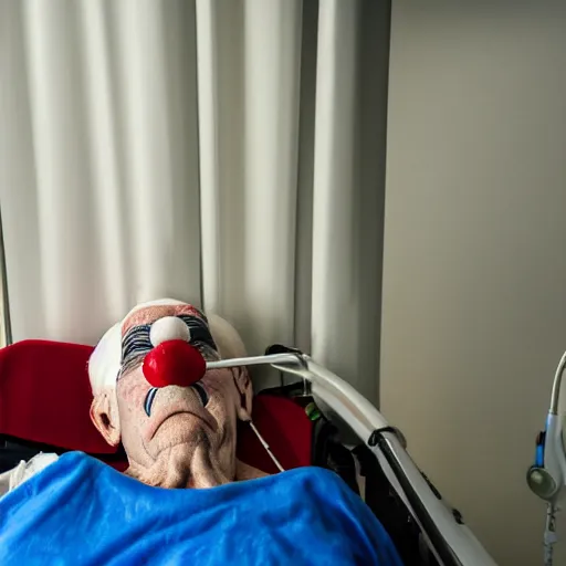 Image similar to delirious elderly clown supine in hospital bed, strapped into bed with restraints, trying to get out but unsuccessful, photograph, 8 k