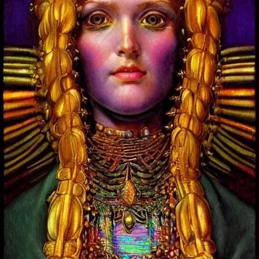 Prompt: close - up renaissance portrait of an iridescent art deco android priestess, reflective detailed textures, highly detailed fantasy science fiction painting by moebius, norman rockwell and william holman hunt. modern industrial shaman, rich colors, high contrast. artstation