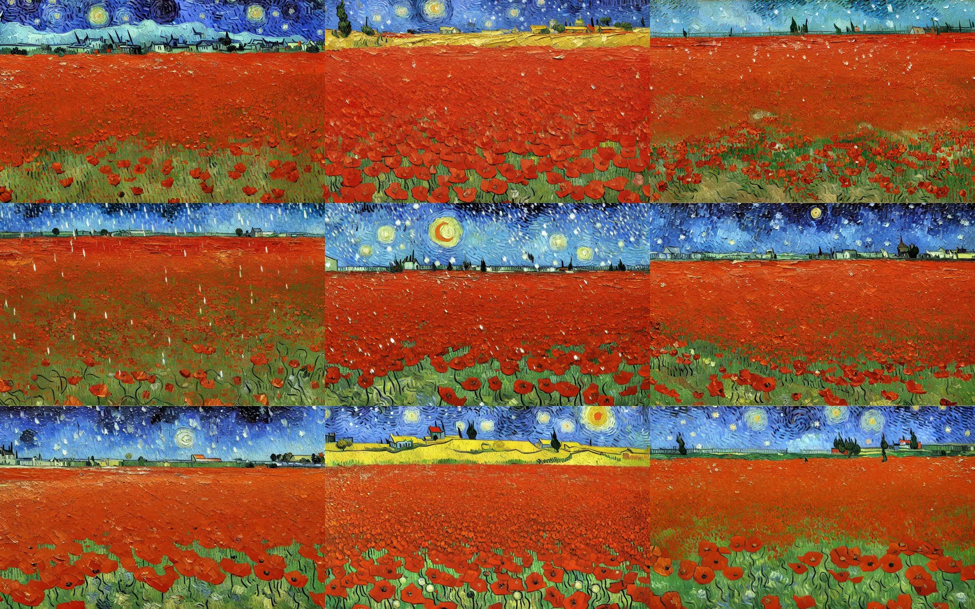 Prompt: detailed expressionist oil painting by van gogh of a poppy field in winter, falling snow on red poppies, 8 k resolution, smooth, sharp focus, matte painting