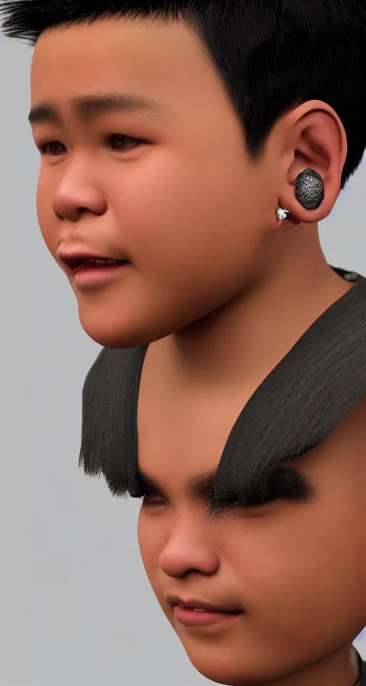 Image similar to close up of a teenage chubby filipino boy with crooked teeth, shaved sides of head, lots of curly hair on top, small studded earings, 4 k, photorealistic, high detail