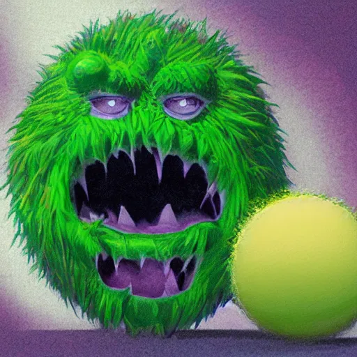 Image similar to a tennis ball monster, tennis ball, dark, chalky, nautical, digital art, fantasy, magic, trending on artstation, ultra detailed, professional illustration by Basil Gogos