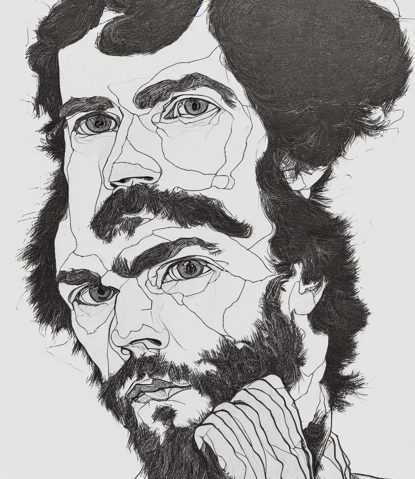 Image similar to detailed line art portrait of fyodor dostoevsky, inspired by egon schiele. caricatural, minimalist, bold contour lines, musicality, soft twirls curls and curves, confident personality, raw emotion