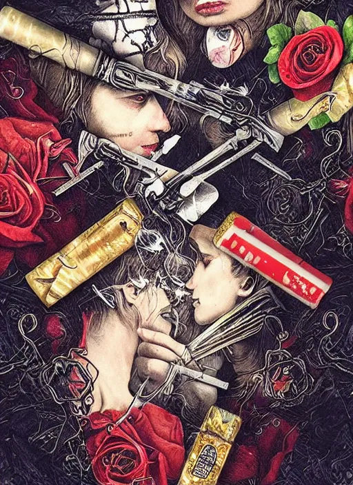 Image similar to tarot card :: horror :: hearts and roses :: aliens and sea :: cigarettes and smoke :: gold and silver :: guns and swords :: highly details :: intricate details :: Sandra Chevrier and bastien lecouffe deharme