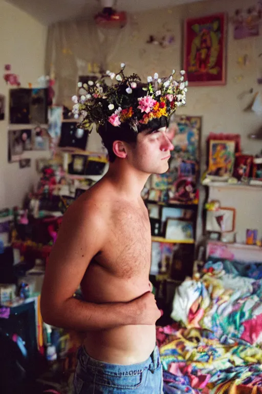 Image similar to kodak portra 4 0 0 photograph of a guy wearing a flower crown in a cluttered messy 9 0 s bedroom, back view, lens flare, moody lighting, moody vibe, telephoto, 9 0 s vibe, blurry background, grain, tranquil, calm, faded!,