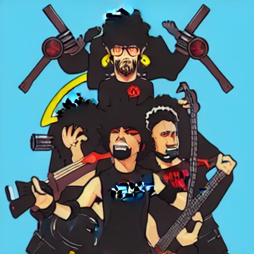 Prompt: [ rage against the machine ] band memebers in style of overwatch, artstation