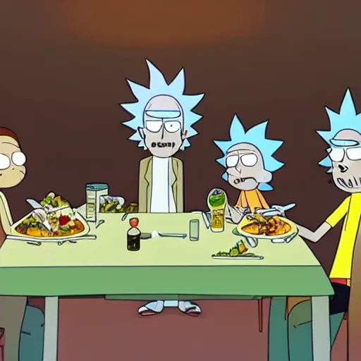 Prompt: rick and morty having dinner in spaceship metallic, layered paper style