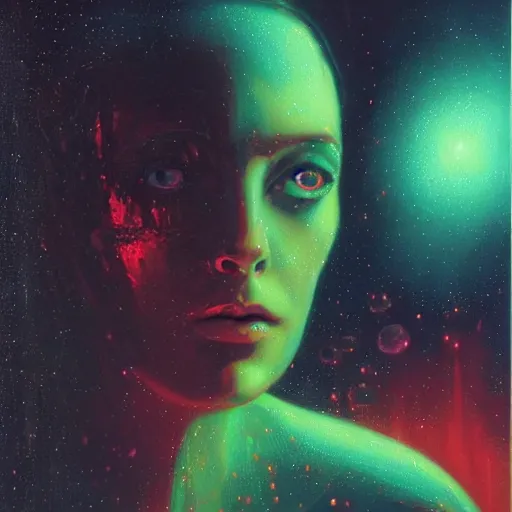 Image similar to beautiful sad female portrait looking down, red and green palette, night lights, starry sky, by ( h. r. giger ) and paul lehr