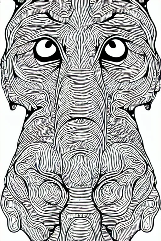 Prompt: puppy dog chart cat statue ornaments fractal ink drawing line art colouring page, vector, margins, fine lines, centered