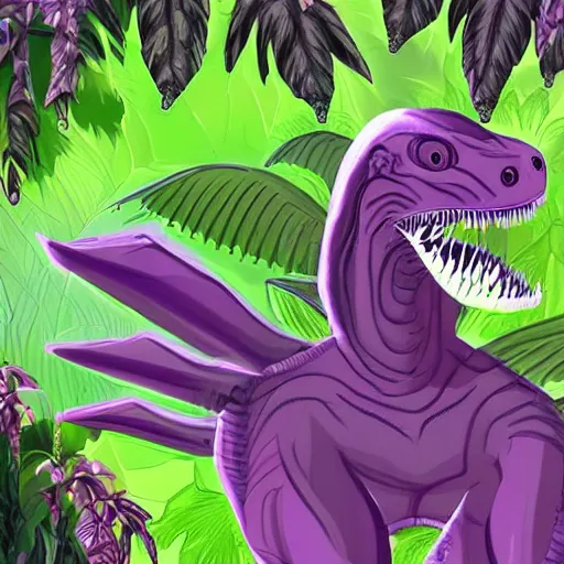 Prompt: Concept art of a reptilian raptor-like alien creature, surrounded by a lush alien jungle with purple flora, digital art, artist unknown