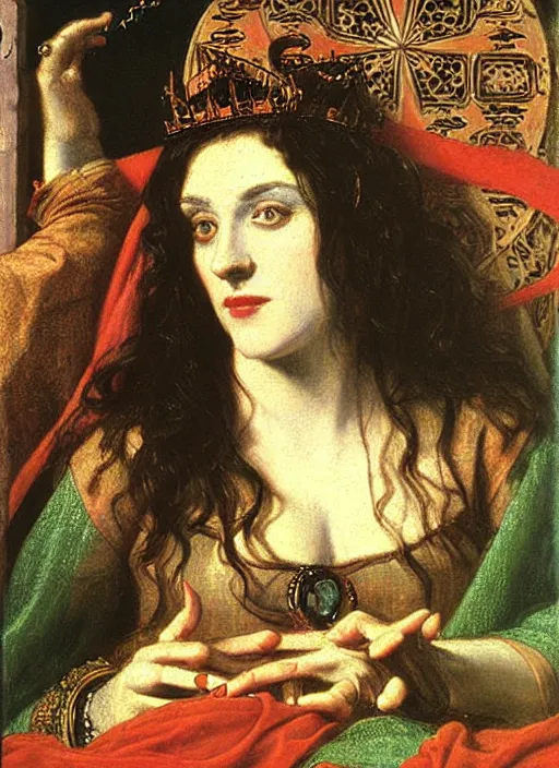 Prompt: morgan le fay and, oil painted by frederick sandys,