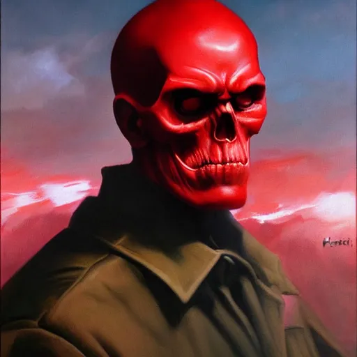 Image similar to ultra realistic portrait painting of red skull, art by frank frazetta, 4 k, ultra realistic, highly detailed, epic lighting