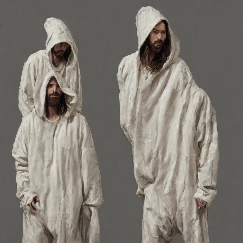 Image similar to a full body lookbook portrait of modern - day jesus wearing cream yeezy menswear collection by nicola samori, hat and hoodie, detailed, oil painting, hyper - realistic, 8 k, yeezy collection