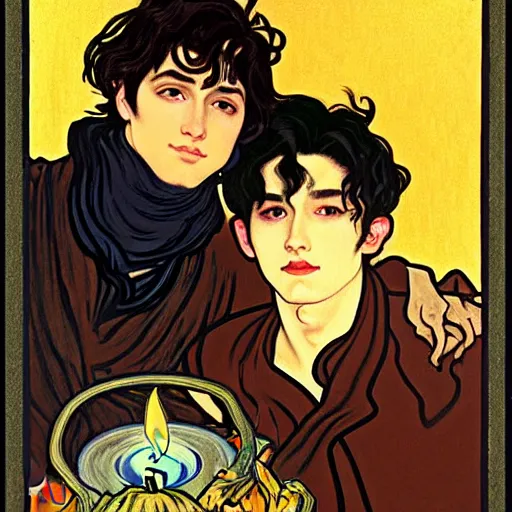 Image similar to painting of young cute handsome beautiful dark medium wavy hair man in his 2 0 s named shadow taehyung and cute handsome beautiful min - jun together at the halloween party, bubbling cauldron, candles, smoke, tarot, autumn colors, elegant, stylized, soft facial features, delicate facial features, art by alphonse mucha, vincent van gogh, egon schiele