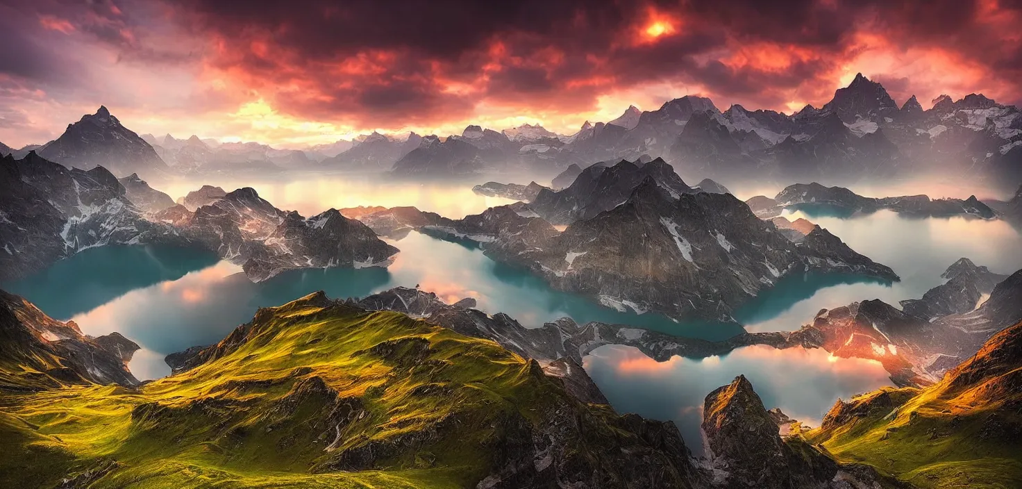 Image similar to amazing landscape photo of switzerland with lake in sunset by marc adamus, beautiful dramatic lighting