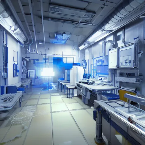 Prompt: secret experiments room inside a big lab, nuclear waste, highly detailed, hd, unreal engine, blue and white, mirror's edge + i, robot
