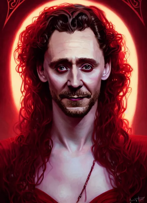 Image similar to portrait of tom hiddleston as a sultry vampire lord, crimson peek, jewelry, greek, ruby, intricate, headshot, highly detailed, digital painting, artstation, concept art, sharp focus, cinematic lighting, illustration, art by artgerm and greg rutkowski, alphonse mucha, cgsociety