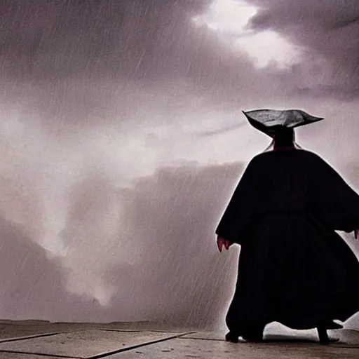 Image similar to wide cinematic shot of a wizard in a white robe fighting a wizard in a black robe during a thunderstorm. very suspensful