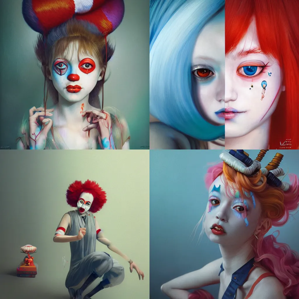 Image similar to breathtaking detailed painting of clown girl , with anxious, piercing eyes, Atari game cover art by Hsiao-Ron Cheng, James jean, Miho Hirano, Hayao Miyazaki, extremely moody lighting, hyperrealistic, octane render, RPG portrait, ambient light, dynamic lighting