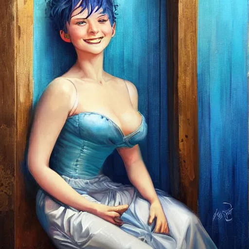 Prompt: a beautiful painting of a smiling woman with stylish short blue hair and sparkling blue eyes, background is a rustic saloon, representative of the art style of artgerm and wlop and peter mohrbacher