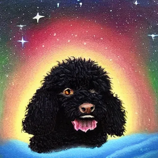 Prompt: a small black labradoodle in space depicted as devouring the universe. award - winning. oil painting. cute. dark. cinematic.