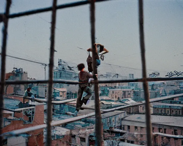 Image similar to lomo photo of roofjumpers climbing on roof of soviet hrushevka, small town, cinestill, bokeh, out of focus