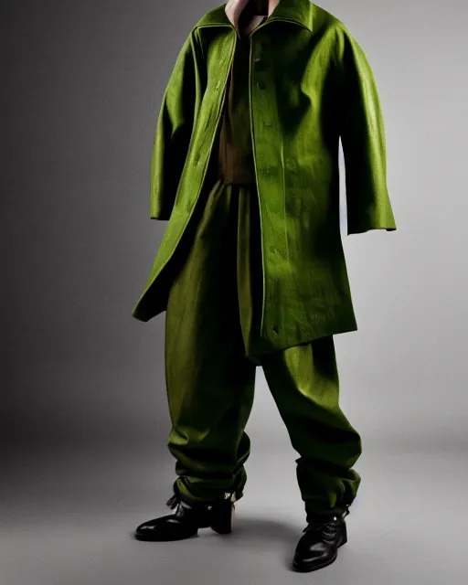 Prompt: a fashion editorial photo of a green extremely baggy short ancient medieval designer menswear moto jacket with an oversized collar and baggy bootcut trousers designed by alexander mcqueen, 4 k, studio lighting, wide angle lens