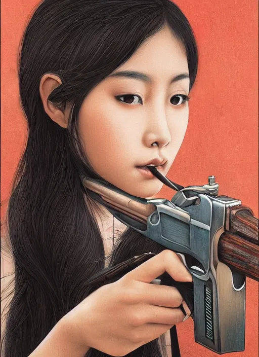 Prompt: beautiful asian girl with a revolver looking into the camera, 2d concept illustration, detailed, intricate, by Tran Nguyen