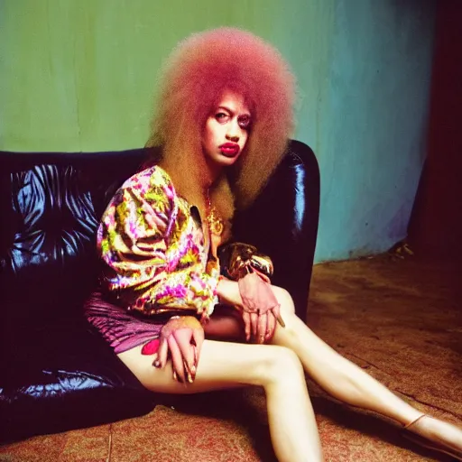 Image similar to realistic photoshoot for a new Jimi Hendrix lookbook, psychedelic clothes, color film photography, portrait of a beautiful blonde woman, in style of nan goldin, 35mm