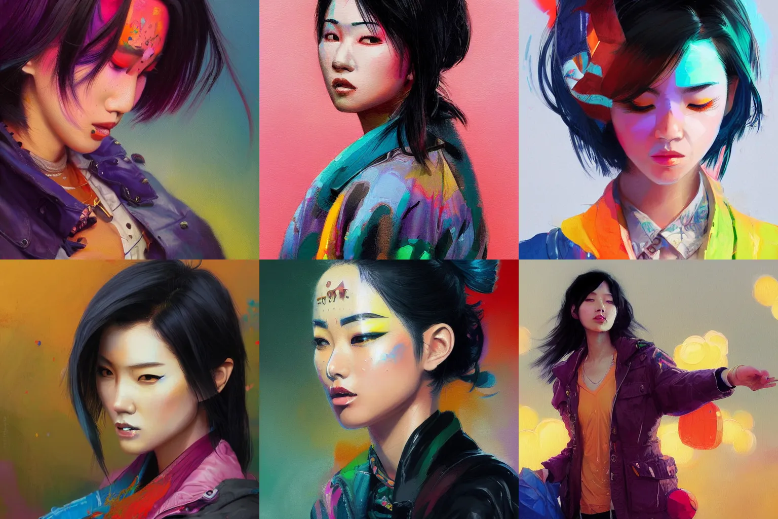 Prompt: very detailed painting of an asian woman with colorful modern jacket, black hair, colorful make up, featured in artstation, concept art by Greg Rutkowski, WLOP, Dan Mumford, Christophe Vacher