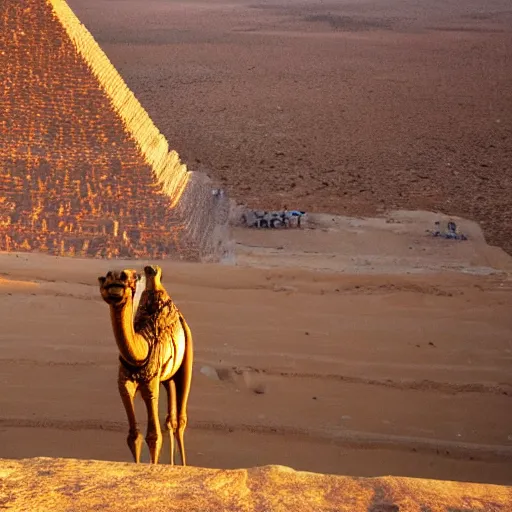 Prompt: photo a camel walking up the great pyramid, award winning, golden hour