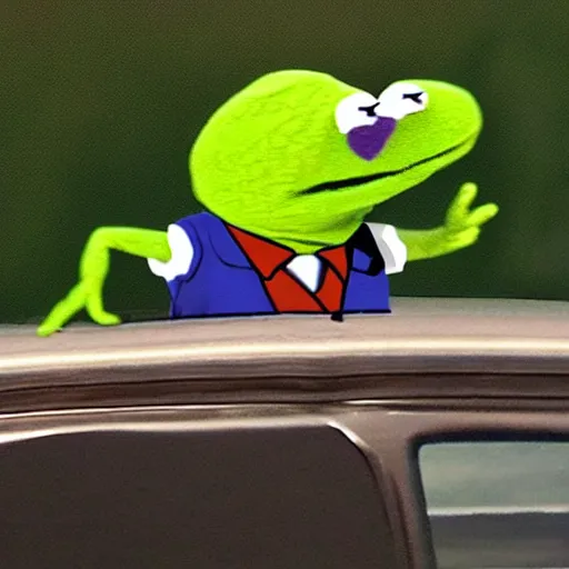 Image similar to kermit in a cowboy hat rolling coal on the highway