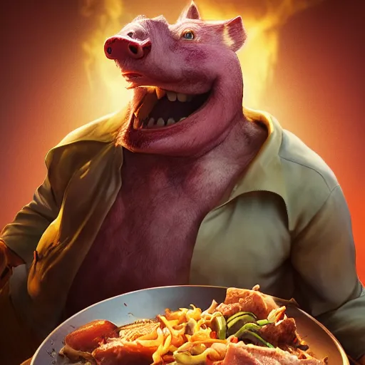 Image similar to movie still macro close photo of smiling anonymous holding pork stirfry to face, by weta, greg rutkowski, wlop, ilya kuvshinov, rossdraws, artgerm, octane render, iridescent, bright morning, anime, liosh, mucha